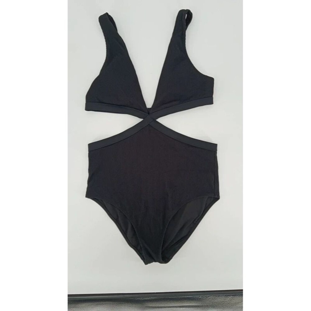 Aerie Ribbed Cutout One Piece Swimsuit Black M Y2K Halter Strappy